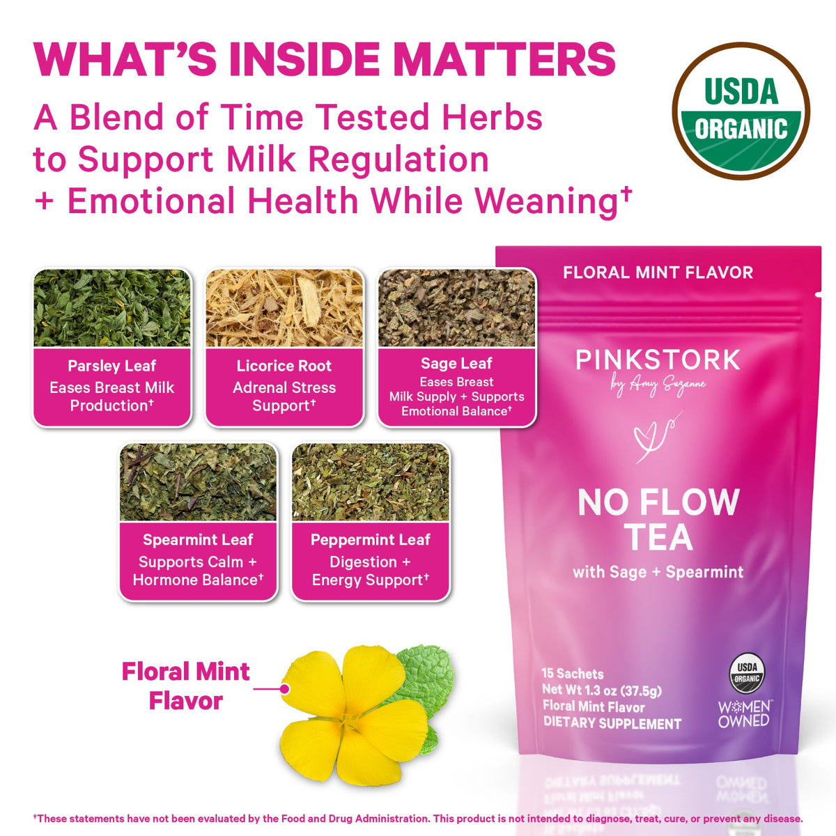 Pink Stork No Flow Tea floral mint flavor dietary supplement sachets shown on a white background with informational text, ingredient callouts, and a USDA Organic seal.
