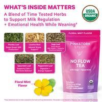 Pink Stork No Flow Tea floral mint flavor dietary supplement sachets shown on a white background with informational text, ingredient callouts, and a USDA Organic seal.