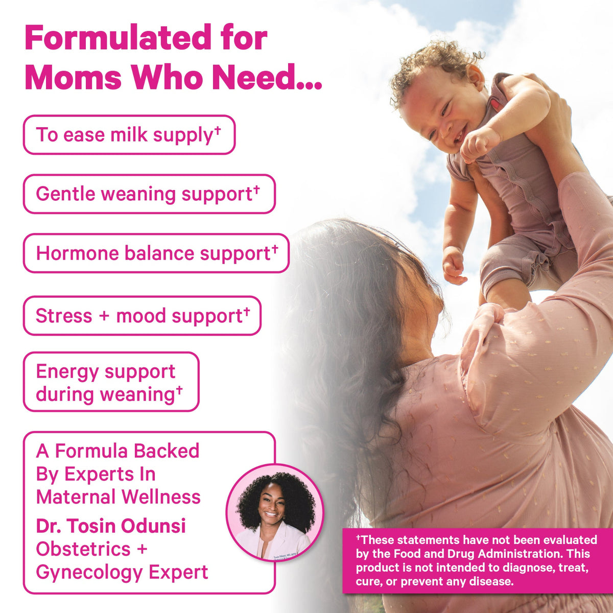 Promotional graphic with text about a weaning support formula for moms, featuring a woman holding a baby against a bright sky background and product benefit callouts in pink rounded boxes.