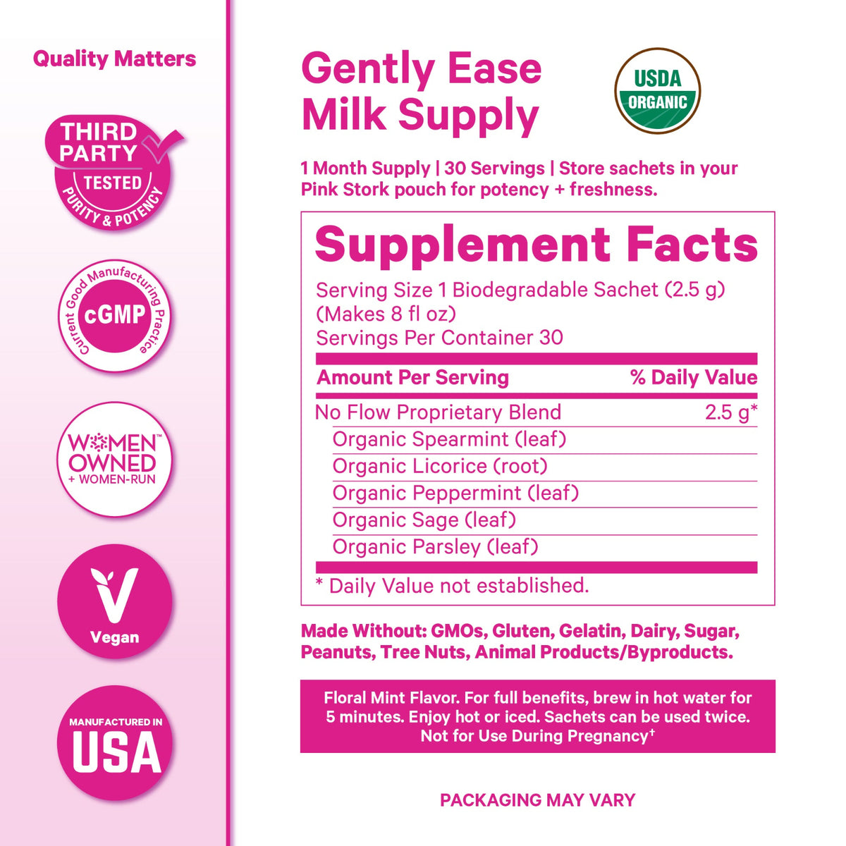 A product graphic for 'Gently Ease Milk Supply' supplement sachets, featuring a pink and white design with product details, a USDA Organic seal, and several certification logos on the left side.