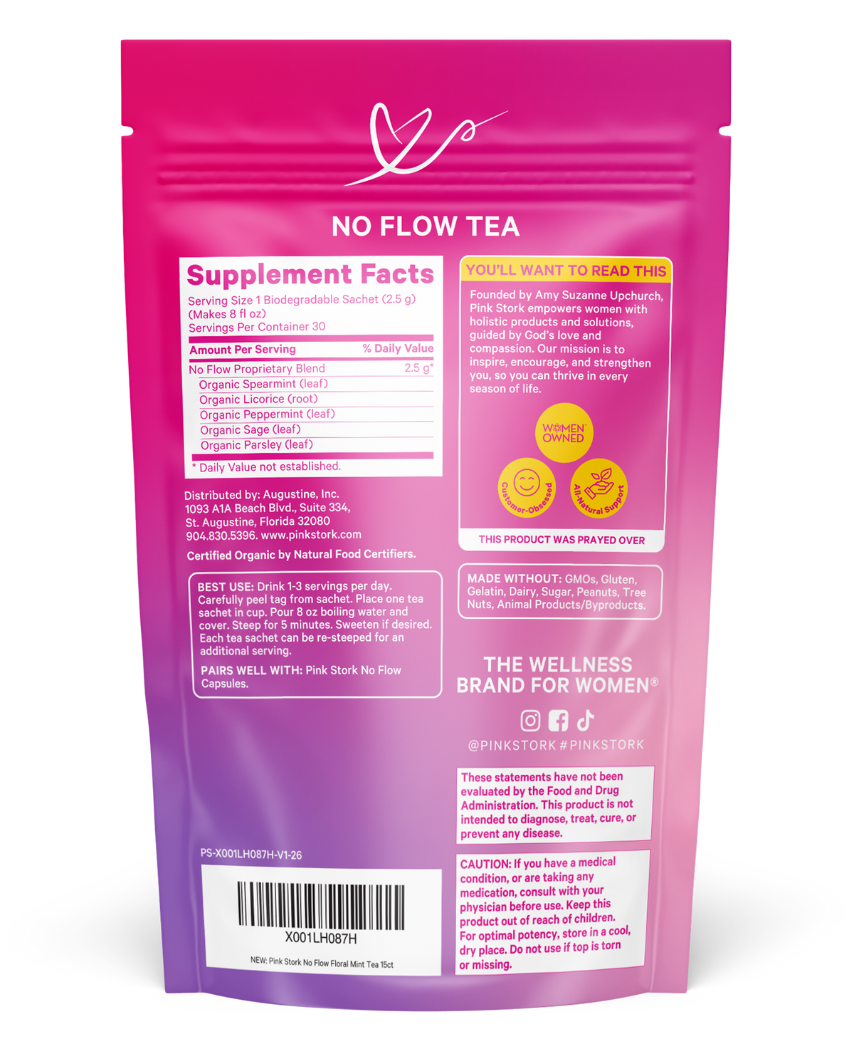 The back of a pink resealable supplement pouch for 'No Flow Tea' by the brand 'The Wellness Brand for Women'. The packaging features a white block with 'Supplement Facts' on the left, a yellow warning label on the right, and a barcode at the bottom.