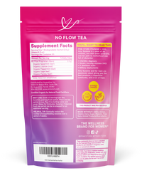 Pink and purple package of 'No Flow Tea' with supplement facts on a white background