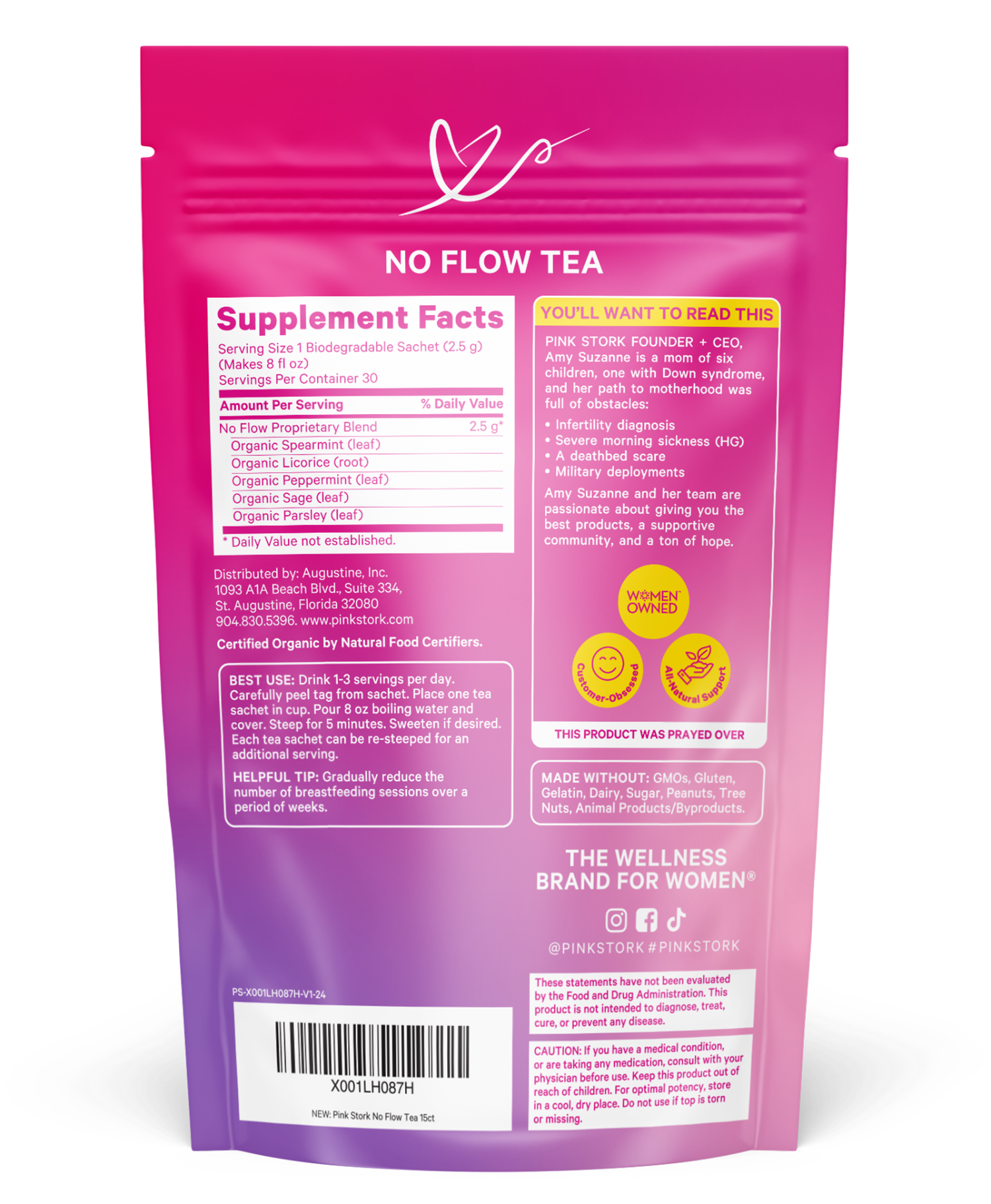 Pink and purple package of 'No Flow Tea' with supplement facts on a white background