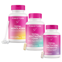 Three bottles of Pink Stork supplements for postnatal, lactation, and monolaurin support, with accompanying tablets and capsules.