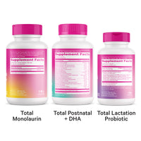 The back of three Pink Stork supplement bottles