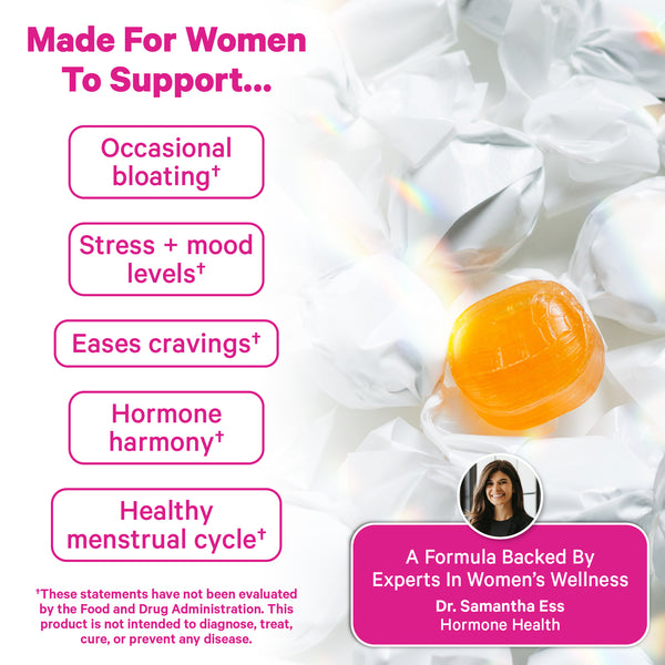 Pink Stork PMS Sweets listing benefits.