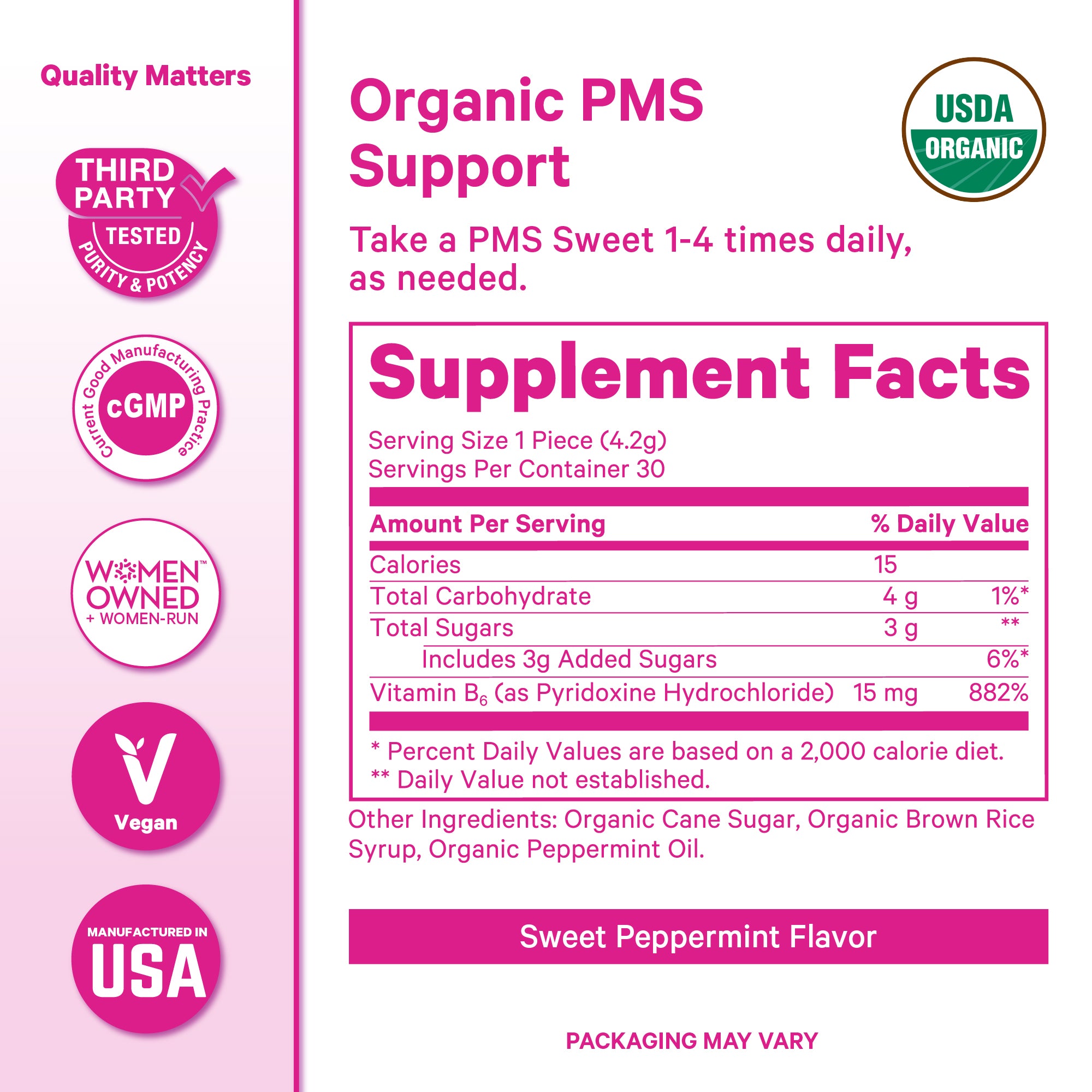 Pink Stork PMS Sweets supplement facts panel showing vitamin B6 and organic peppermint ingredients.
