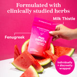 Pink Stork Watermelon Sweets sitting in a halved watermelon with watermelon slices spread out around it. Formulated with clinically studied herbs - Fenugreek and Milk Thistle.