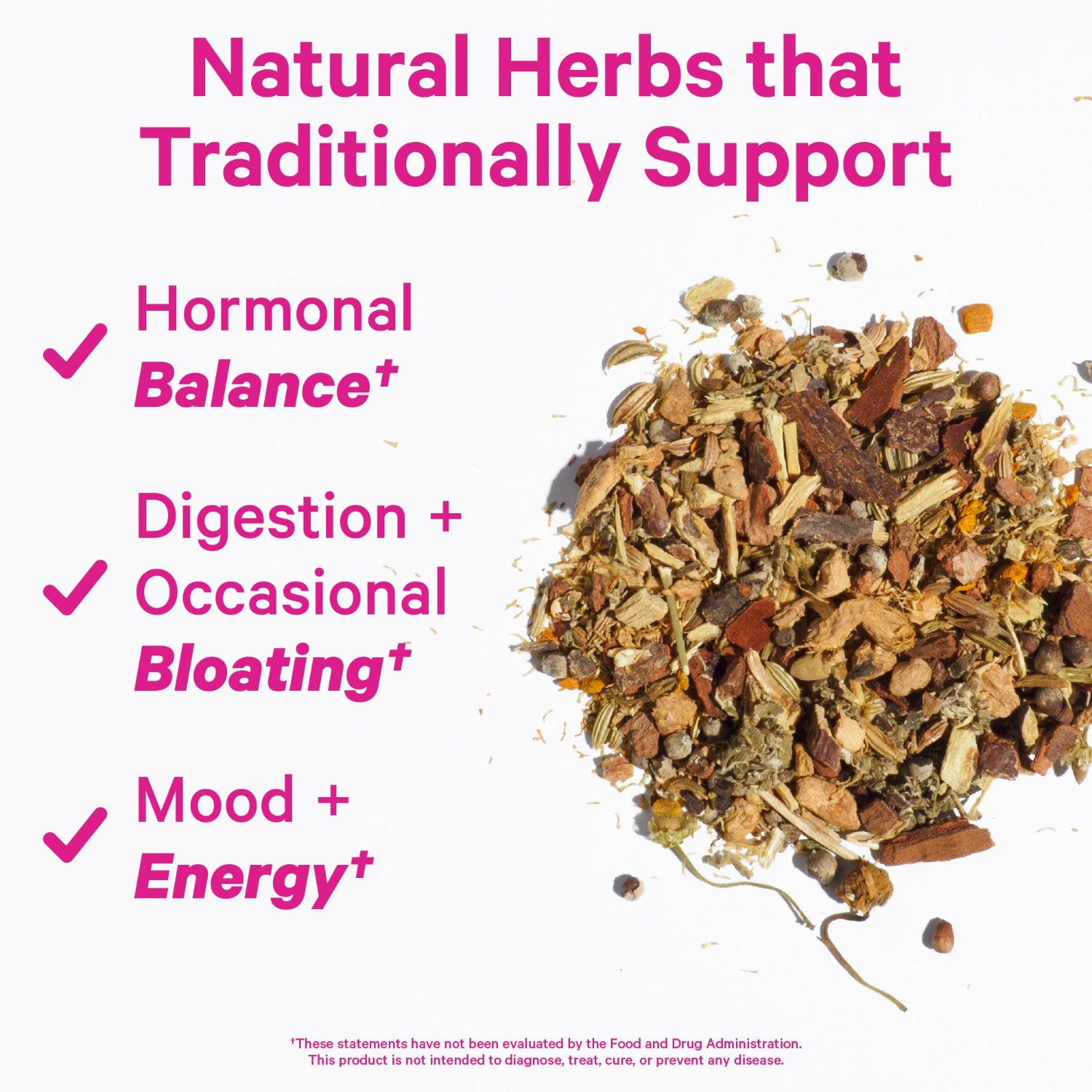 Heap of natural herbs with text highlighting benefits on a white background