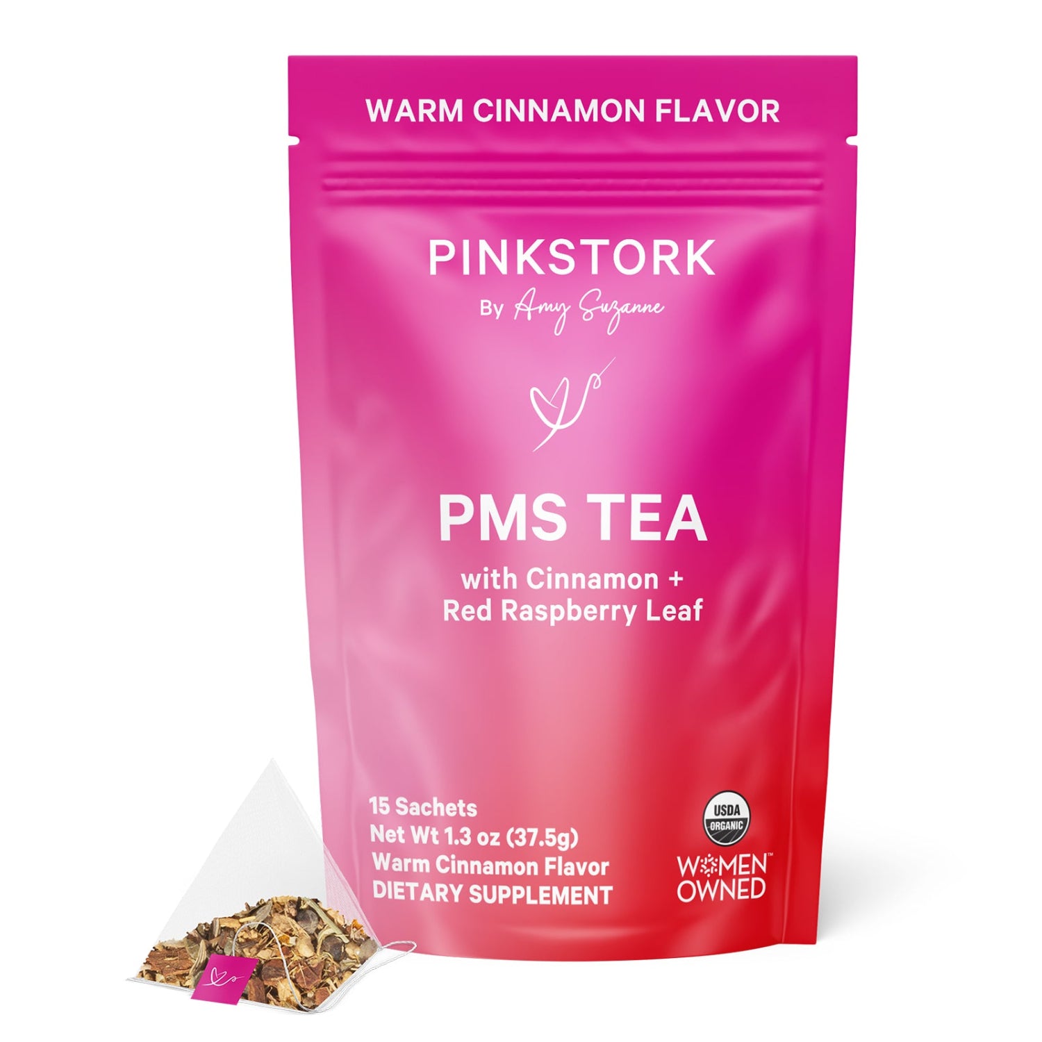 Pink Stork PMS Tea package with cinnamon and red raspberry leaf on a white background