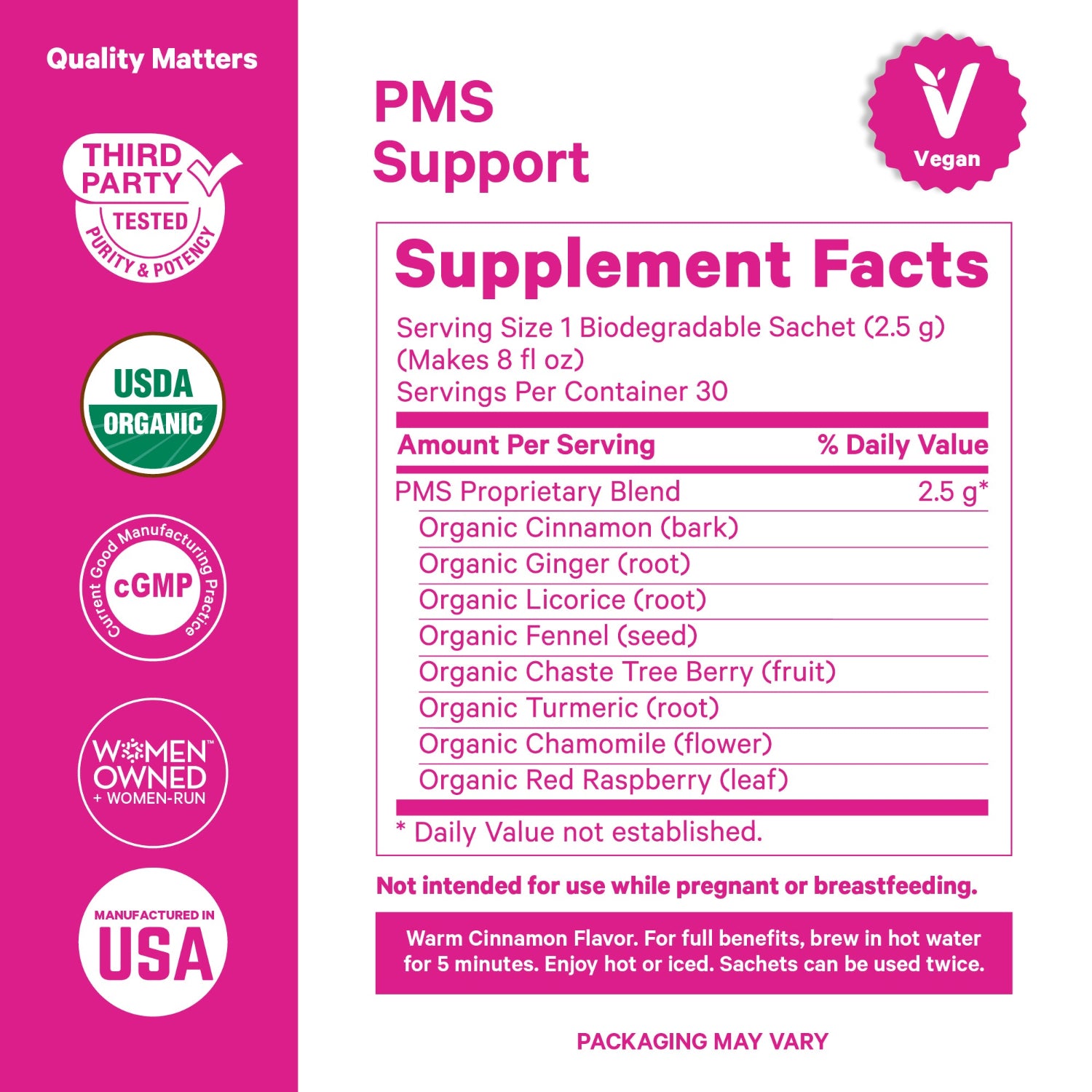Supplement fact panel for PMS support with various certifications on a pink background