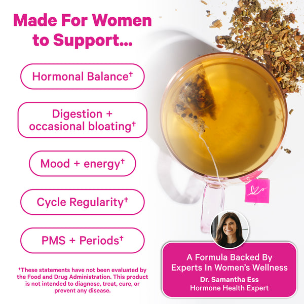 Cup of brewed Pink Stork PMS Tea shown with text.
