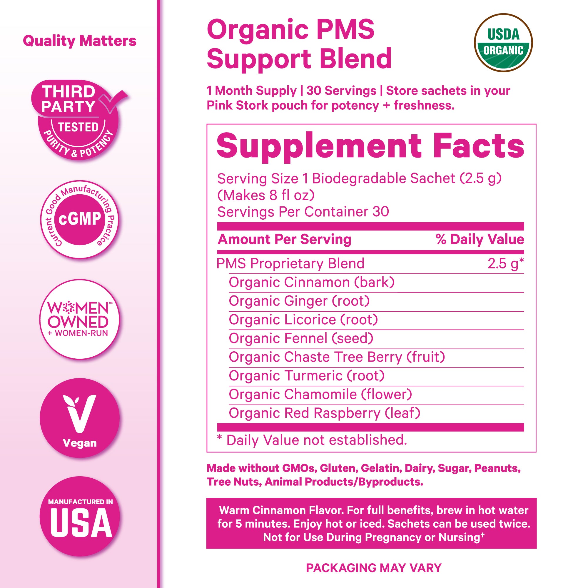 Supplement Facts panel for Pink Stork PMS Tea showing organic ingredients, serving size, and quality certification icons.