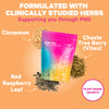 A package of PMS Tea with closeups of Cinnamon, Red Raspberry Leaf, and Chaste Tree Berry (Vitex).