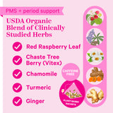 Graphics of ingredients used in Pink Stork PMS Tea. PMS + period support. USDA organic blend of clinically studied herbs.