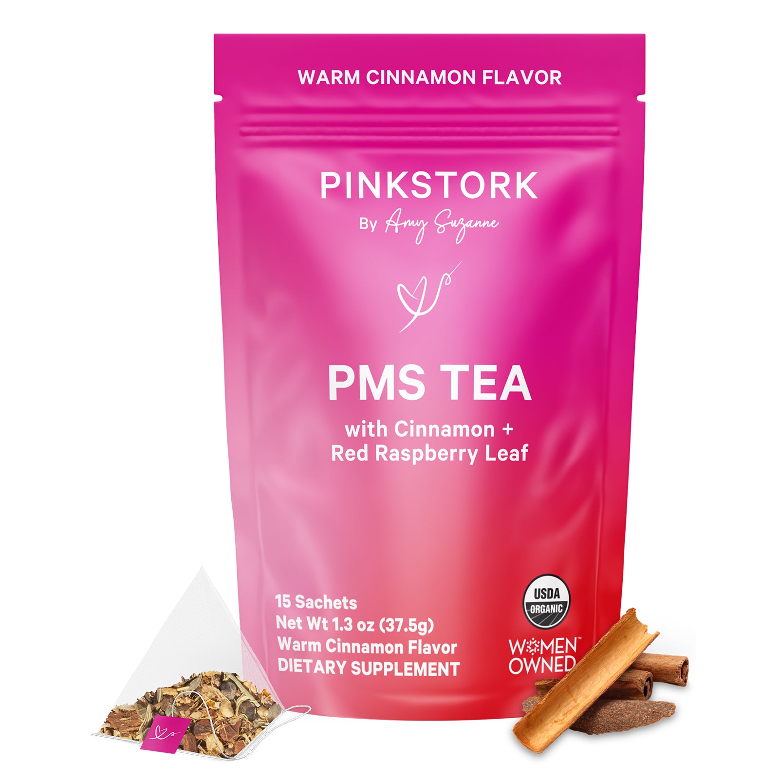 Pink Stork PMS Tea warm cinnamon flavor pouch shown with a tea sachet and cinnamon sticks.