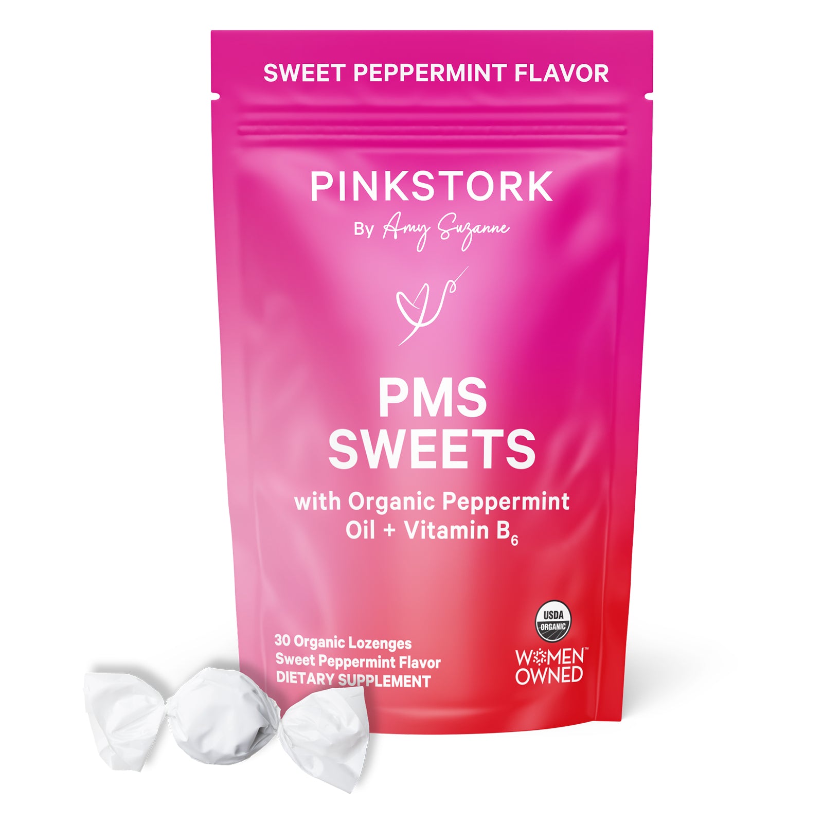 Pink Stork PMS Sweets packaging with one white lozenge on a white background