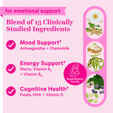 For Emotional Support. Blend of 13 clinically studied ingredients. Mood Support: Ashwagandha + Chamomile. Energy Support: Niacin, DHA + Vitamin D. Cognitive Health: Folate, DHA + Vitamin D.