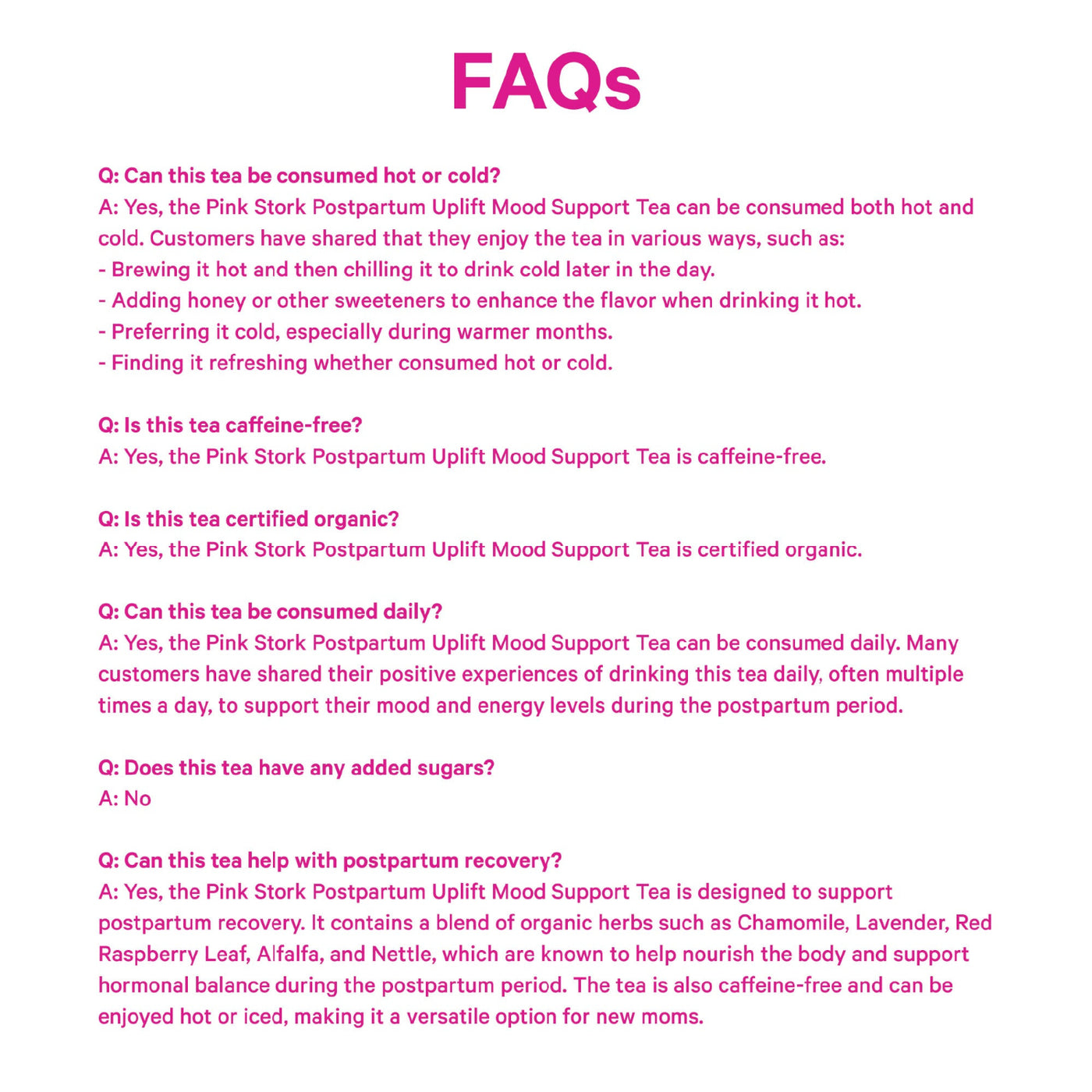 FAQs section about Pink Stork Postpartum Uplift Mood Support Tea on a white background