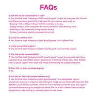 FAQs section about Pink Stork Postpartum Uplift Mood Support Tea on a white background