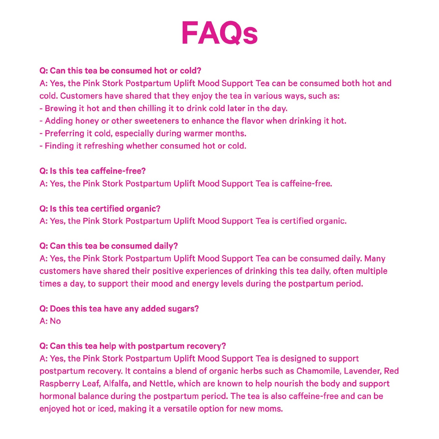 FAQs section about Pink Stork Postpartum Uplift Mood Support Tea on a white background