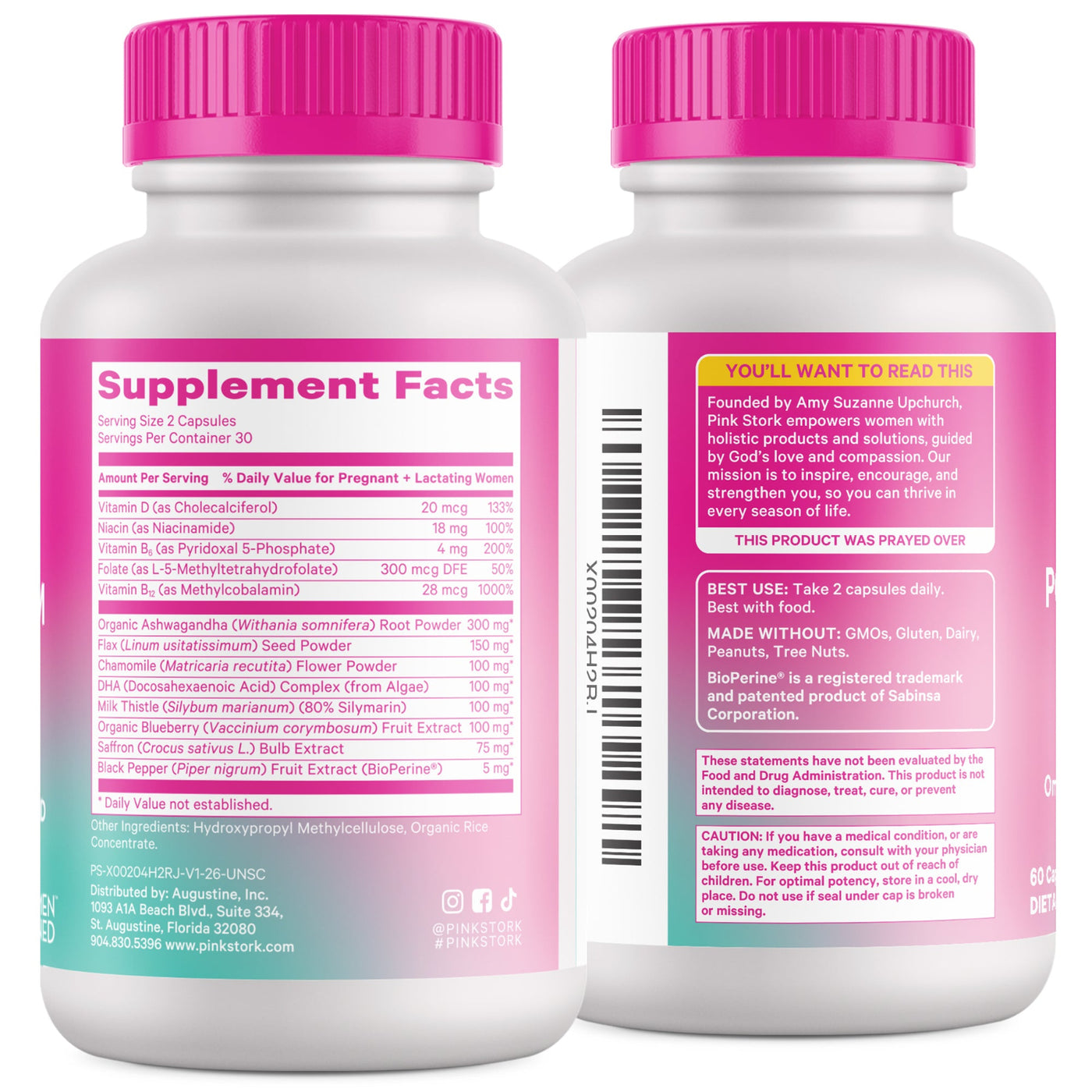 Two supplement bottles with pink caps on a white background