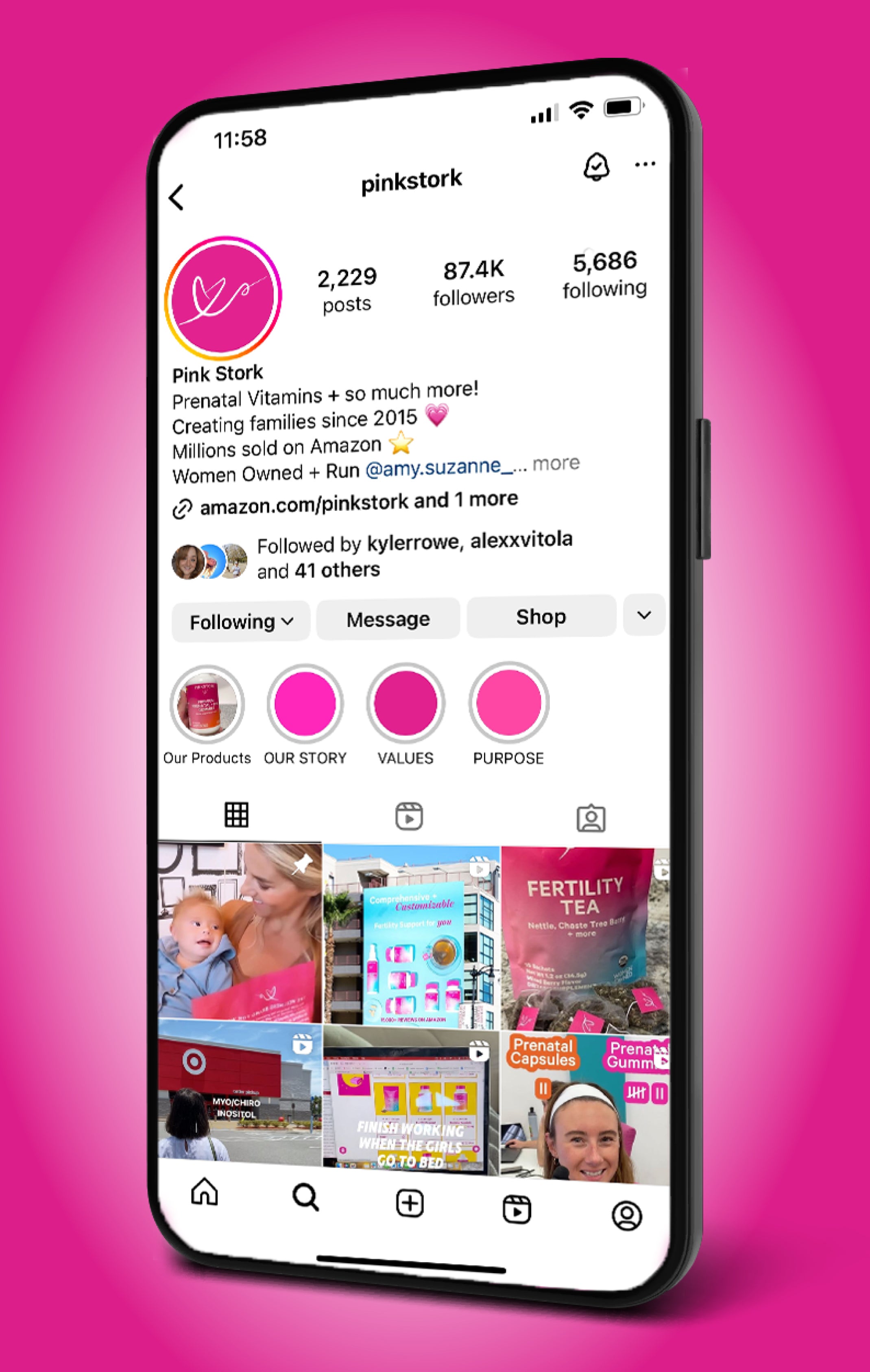 Phone with a screenshot of Pink Stork instagram.