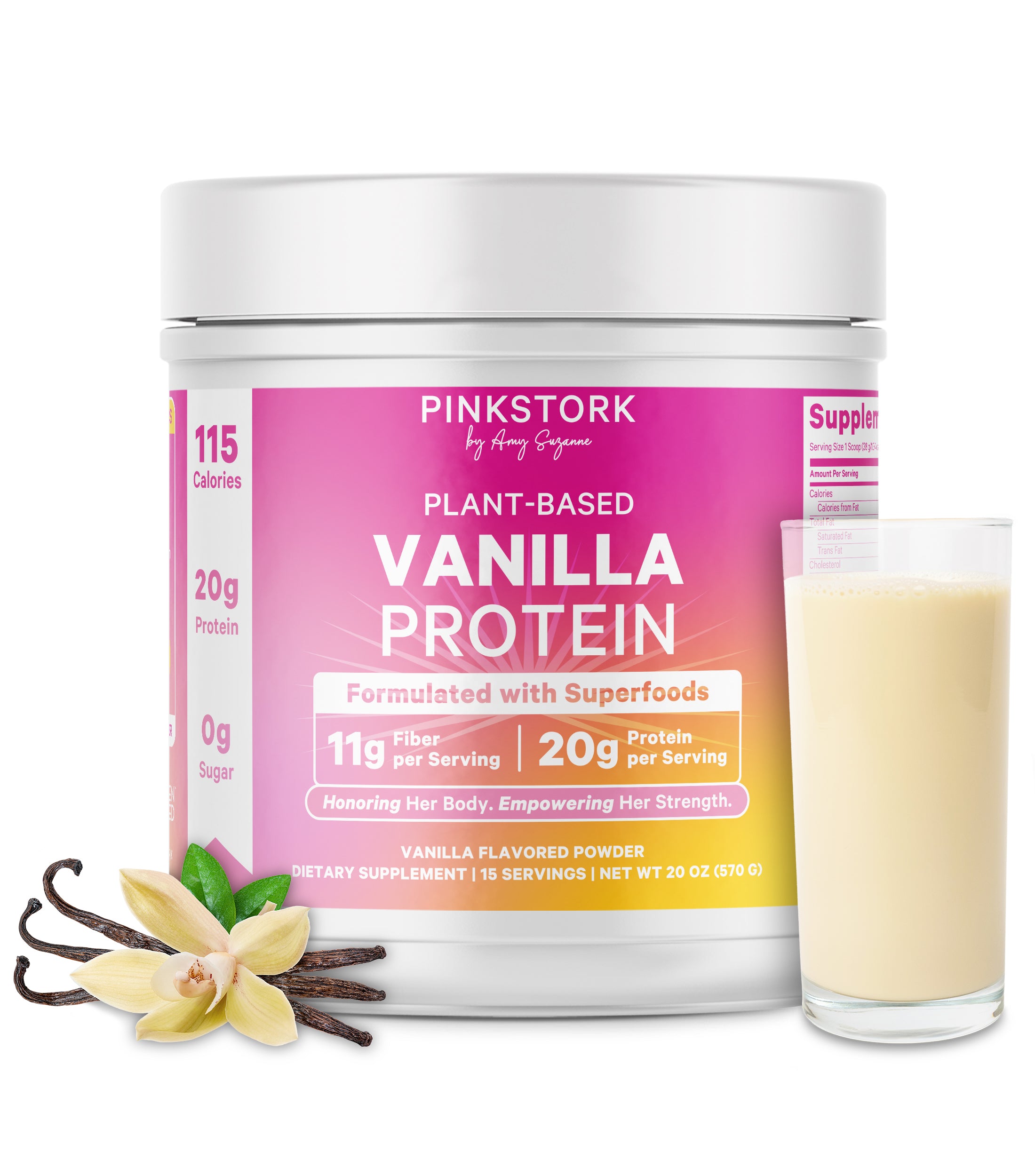 Pink Stork Plant-Based Vanilla Protein powder, 20g protein per serving, next to a glass of vanilla protein shake and vanilla bean pods on a white background.