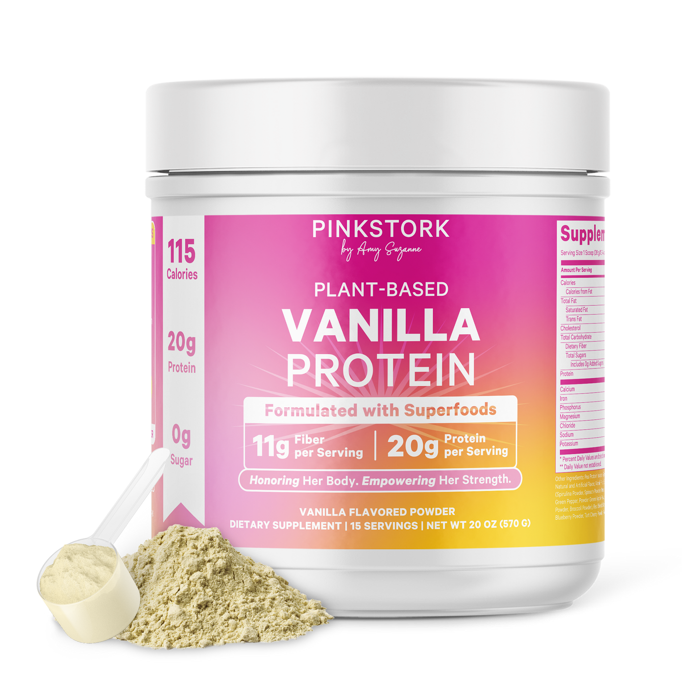 Vanilla protein powder container with pink and white label on a white background
