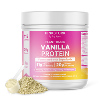 Vanilla protein powder container with pink and white label on a white background