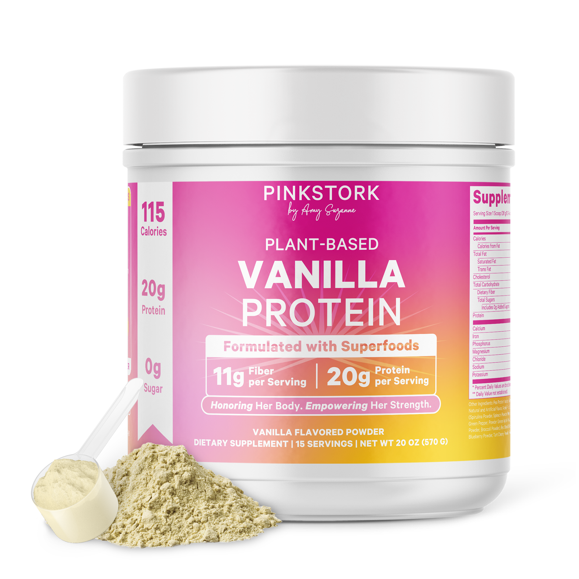 Vanilla protein powder container with pink and white label on a white background