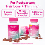 Three bottles of Pink Stork Postpartum Hair Loss Gummies surrounded by gummies. For postpartum hair loss + thinning.