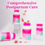 Assortment of Pink Stork Postpartum products spread out with gummies scattered around the products. Comprehensive Postpartum Care.