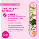 Graphics of foods that contain Vitamin D3. Clinically studied mood support for moms. No added sugar.