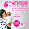 Woman holding her baby and kissing their cheek. Pink Stork Postpartum Mood Gummies - we put it to the test. 3rd part tested.
