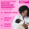A woman holding her baby and smiling. Nourishing healthy bonds. Doctor supported ingredients to support new moms. Healthy Mood, Restful Sleep, and Stress Levels. 