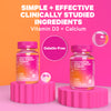 Two bottles of Postpartum Mood Support Gummies, each on a gear-shaped pedestal. Simple + Effective clinically studied ingredients. Vitamin D3 + Calcium. Gelatin-Free. 