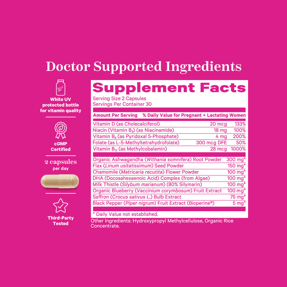 Supplement facts panel for Pink Stork Postpartum Mood Support and icons relating to the product.