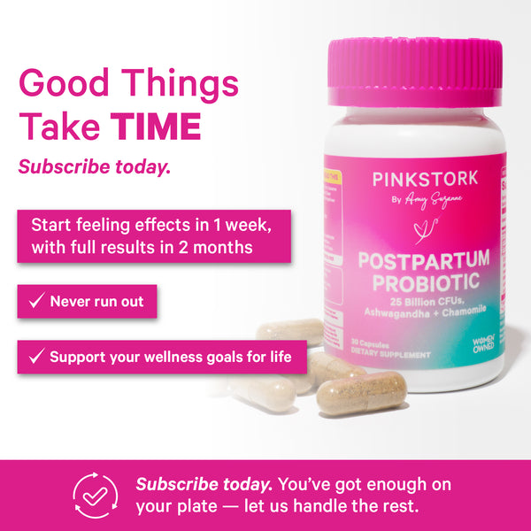 Pink Stork Postpartum Probiotic supplement bottle promoting daily wellness routine and subscription option.