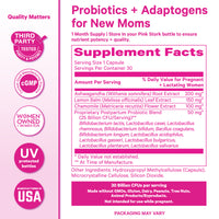 Pink Stork Postpartum Probiotic supplement facts panel showing probiotic blend, adaptogens, and 25 billion CFUs.
