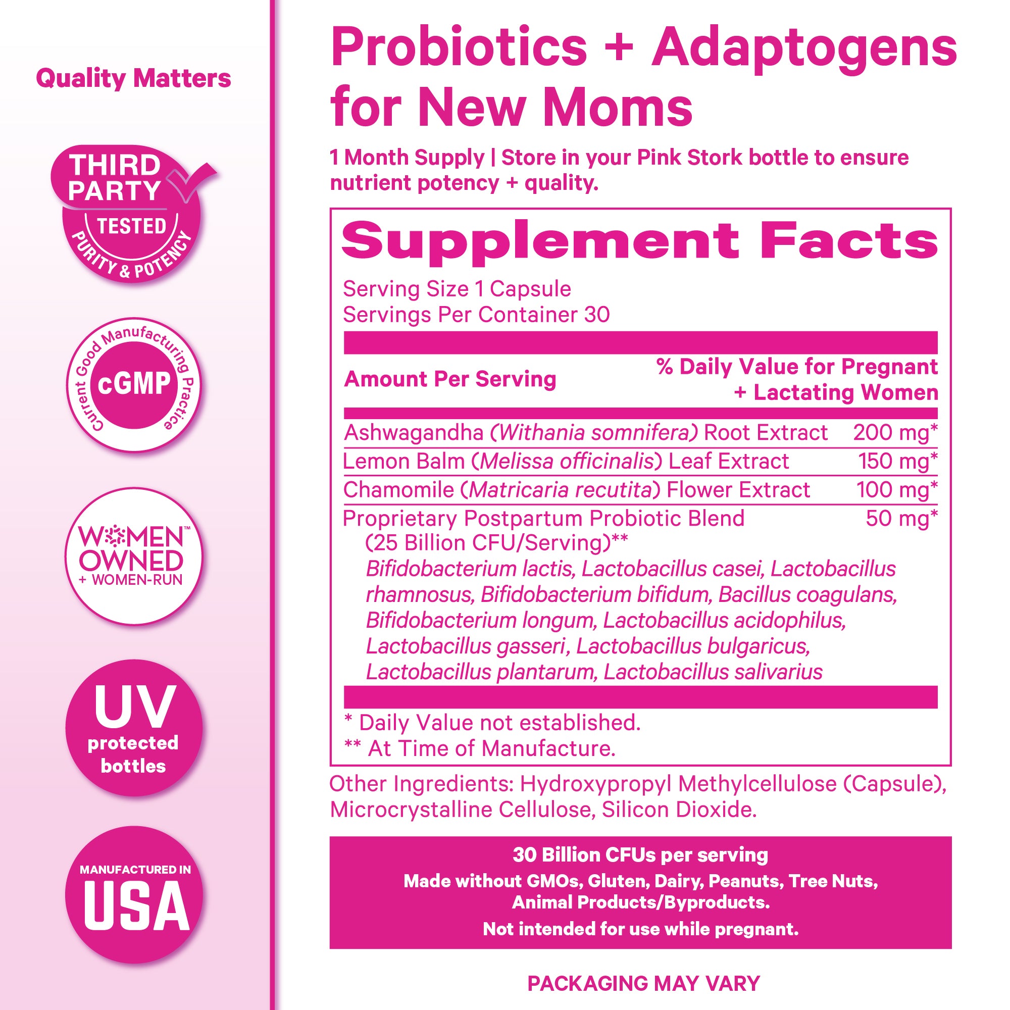 Pink Stork Postpartum Probiotic supplement facts panel showing probiotic blend, adaptogens, and 25 billion CFUs.
