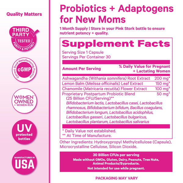 Pink Stork Postpartum Probiotic supplement facts panel showing probiotic blend, adaptogens, and 25 billion CFUs.
