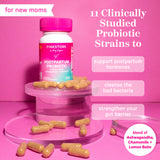 Pink Stork Postpartum Probiotic bottle on clear prisms with capsules spilled out surrounding the bottle. 11 Clinically Studied Probiotic Strains with a blend of Ashwagandha, Chamomile, and Lemon Balm.