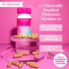 Pink Stork Postpartum Probiotic bottle on clear prisms with capsules spilled out surrounding the bottle. 11 Clinically Studied Probiotic Strains with a blend of Ashwagandha, Chamomile, and Lemon Balm.