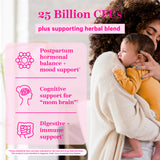 Women holding baby nuzzling her head against his. 25 Billion CFUs plus supporting herbal blend.