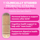 A closeup of a Postpartum Probiotic Capsule. 11 Clinically studied probiotic strains. Probiotic for Postpartum Moms. Probiotics have been linked to: Hormonal balance to support recovery after birth, cognitive health support to help with "mom brain," postpartum digestive health support for bowels.