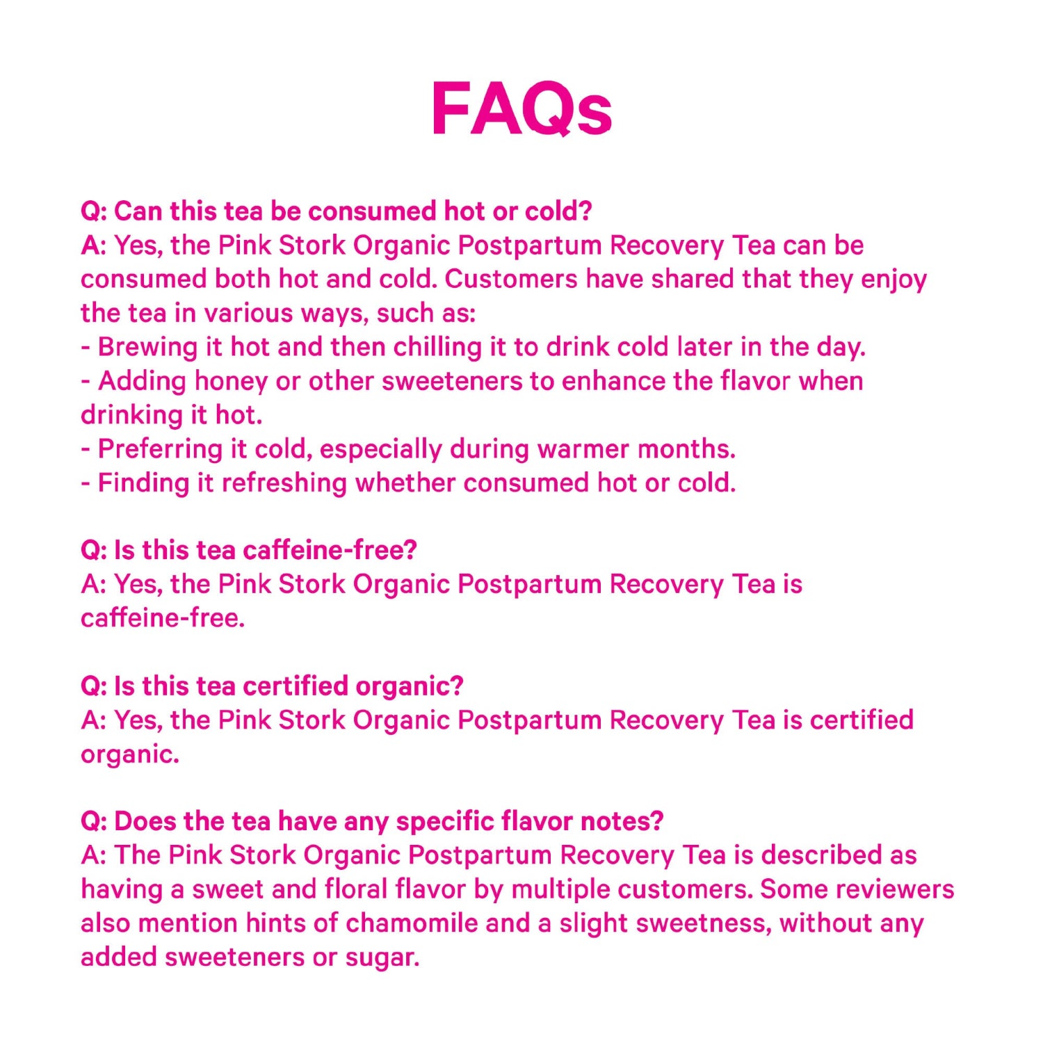 FAQs section about Pink Stork Organic Postpartum Recovery Tea on a white background