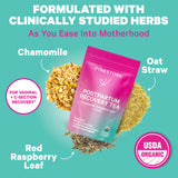 A package of Postpartum Recovery Tea with closeups of Chamomile, Oat Straw, and Red Raspberry Leaf.
