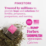 Sachet of tea on top of a pile of herbs. List of logos of press that Pink Stork has been featured in.