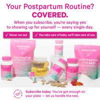 Pink Stork postpartum recovery products including recovery tea, probiotics, postnatal vitamins, and sitz bath.
